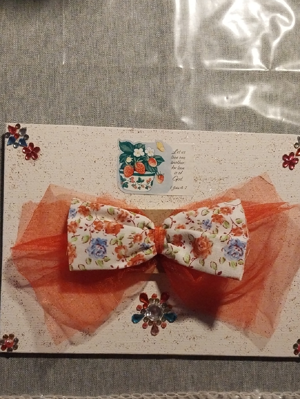 Homemade DIY-Floral Cotton Bow with Orange Tulle with Rhinestone Accents